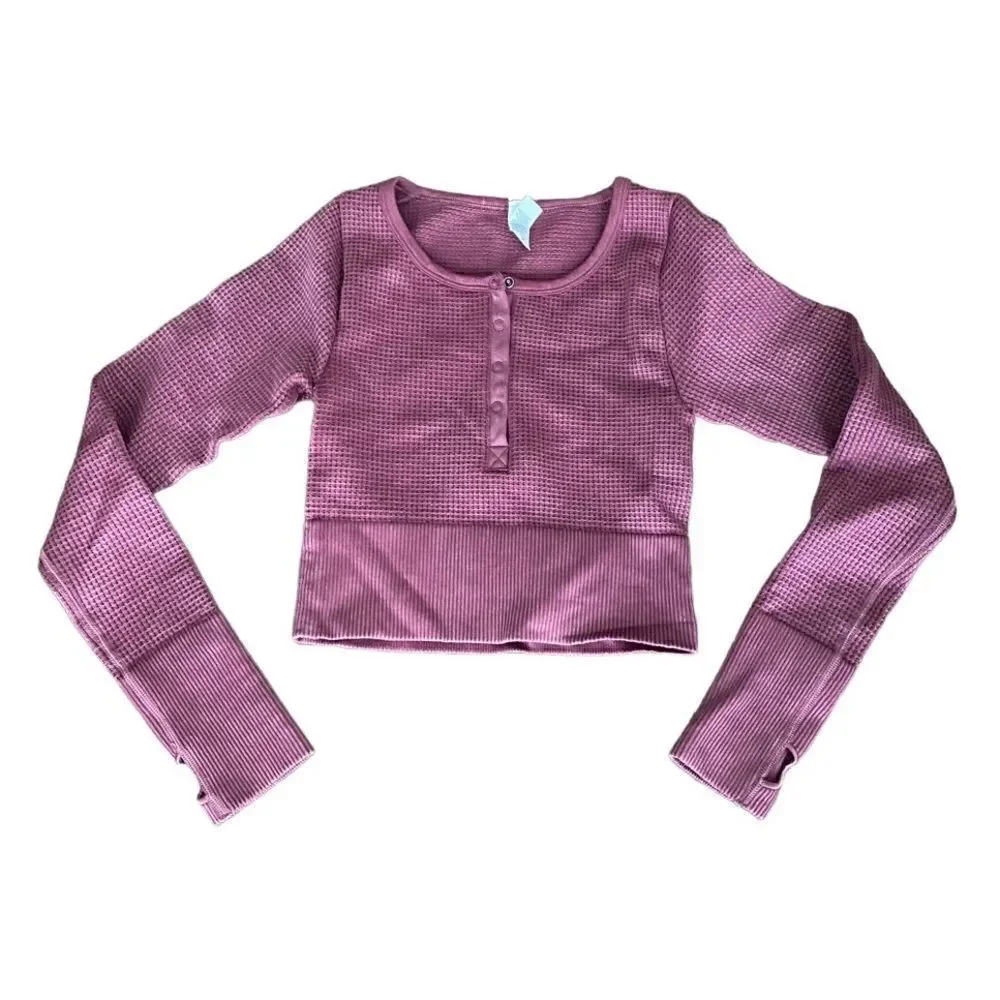 OFFLINE Main Squeeze Seamless Waffle Cropped Henley T-Shirt XS Brick Stone - Picture 2 of 5